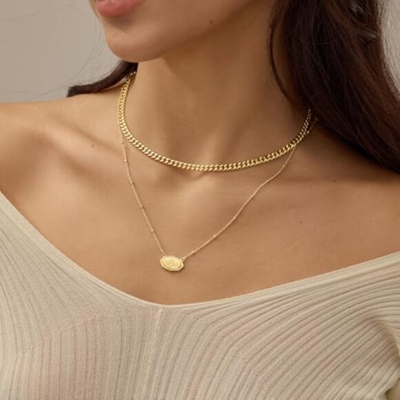 14K Gold Plated Layered Initial Necklace Set Chunky Cuban Chain Stackable - Picture 5 of 7